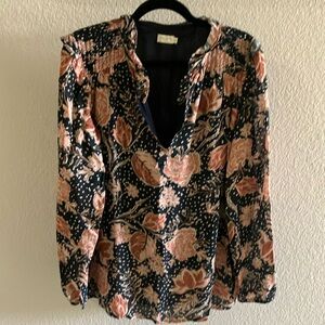 Women's Spartina 449 Smock Shoulder‎ Ruffle Collar Top Navy, Coral Sz M - EUC